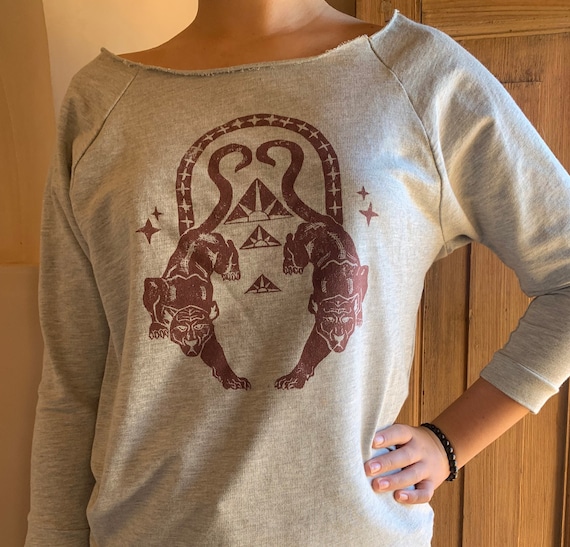 Off-the-shoulder Terry 3/4-sleeve Raglan Graphic Panther Tee With Raw-edge  Neck Line, Unisex Vintage-look Sweatshirt, Boho Mystical Shirt 