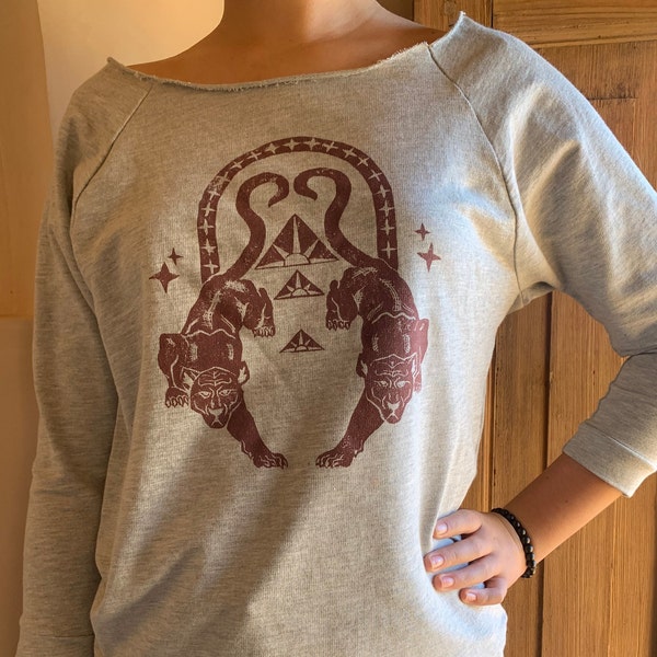 Off-the-shoulder terry 3/4-sleeve raglan graphic panther tee with raw-edge neck line, unisex vintage-look sweatshirt, boho mystical shirt