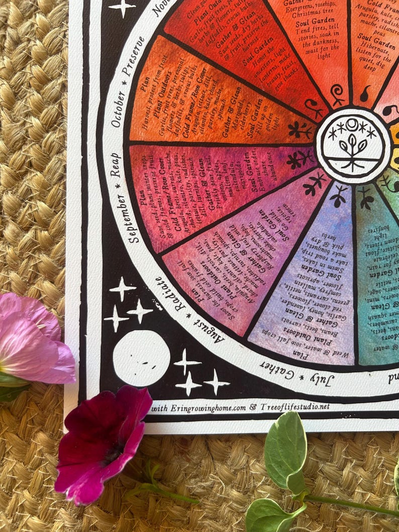 Puede incluir: Un gr&aacute;fico circular colorido con texto que detalla las tareas de jardiner&iacute;a estacionales. El dise&ntilde;o es multicolor con ilustraciones. La imagen incluye flores y vegetaci&oacute;n.