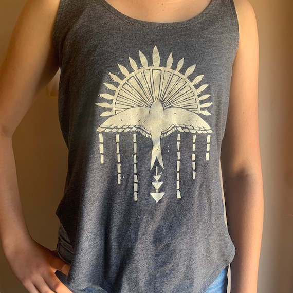 Tribal graphic bird women’s racerback scoop neck tank, pagan boho design yoga shirt, dark gray tank top with flowy cotton poly jersey blend