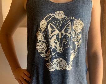 Denim blue gray wolf womens racerback tank top, flowy sleeveless wolf shirt, block relief print wolf totem shirt, Cherokee made pagan tshirt