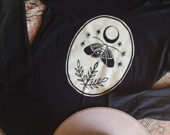 Luna moth women’s hoodie, long sleeve charcoal gray moon tshirt, celestial boho tshirt design, comfortable jersey knit pagan clothing shirt