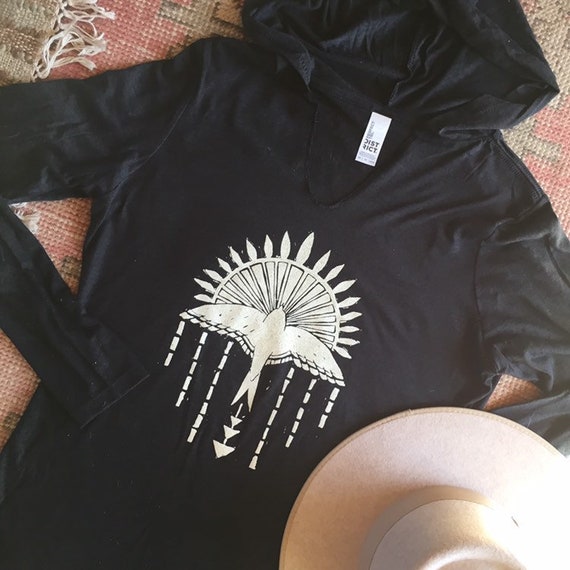 Women's Rain Bird long sleeve hoodie, super soft hooded long sleeve shirt by Tree of Life Studio, tribal pattern native hoodie clothing gift