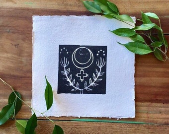 Hand printed crescent moon art print on handmade paper, Celestial pagan art, mystical art relief print, art linoprint, block print art