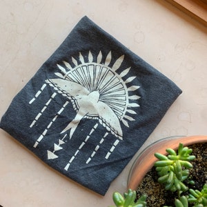 May include: A dark gray t-shirt with a white graphic of a bird flying through a sunburst design. The graphic also includes a series of white lines that resemble rain.