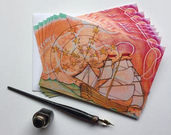 Sailing Ship Watercolor Notecard Set of 12 Nautical journey nomadic visionary art cards wanderlust, pink notecard set, packaged notecard set