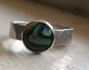 Abalone Ring - Rustic Hammered Sterling Silver