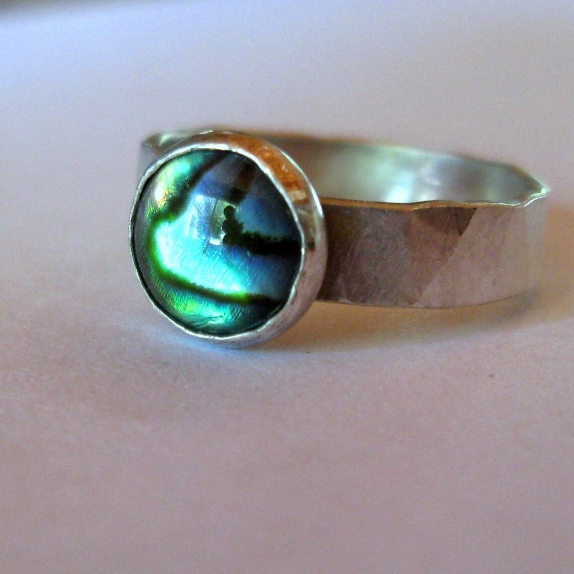 Abalone Ring Rustic Hammered Sterling Silver | Etsy