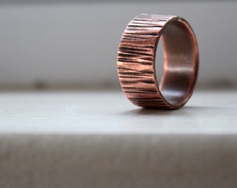 Copper Wood Grain Tree Bark Mens Band Ring Faux Bois - recycled metal