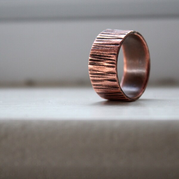 Copper Wood Grain Tree Bark Mens Band Ring Faux Bois - recycled metal