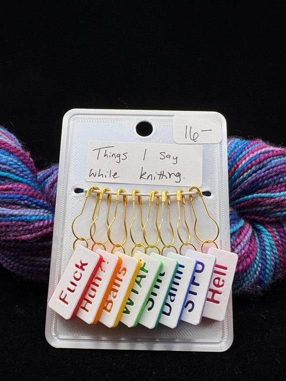 Things I say while crafting, colorful language, gift for knitter, crocheter, funny, swear stitch markers, dropped stitch, progress keeper