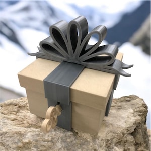 Peut inclure: Une boîte cadeau en gris imprimée en 3D avec un grand nœud sur le dessus. La boîte est conçue pour ressembler à une boîte cadeau traditionnelle avec un ruban et un nœud. La boîte est posée sur un rocher.