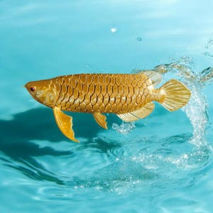 May include: A golden fish with textured scales and fins swims in blue water. The fish has a streamlined body and is surrounded by splashes of water, creating a dynamic and aquatic scene.