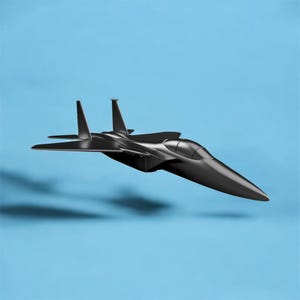 May include: A black fighter jet model with a sleek design, angled wings, and a pointed nose. The jet is isolated against a light blue background.