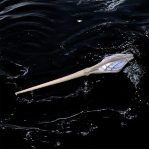 May include: A white, decorative wand with a light blue, translucent, geometric design at the tip. The wand is floating in dark water.