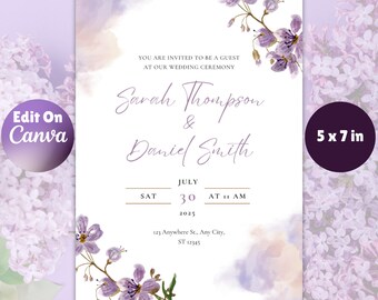 Floral Wedding Invitation Template, Purple Flowers, Printable (Digital Download)