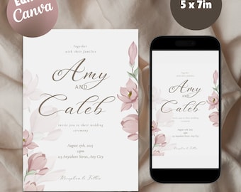 Floral Wedding Invitation Template, Pink Flowers, Editable (Digital Download)