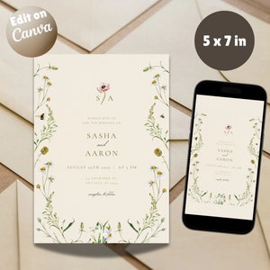Wedding Invitation Template, Floral Wedding Invitation, Editable Wedding Invitation, Wildflower Wedding Invitation, Printable Invitation