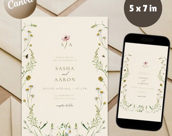 Floral Wedding Invitation Template, Wildflower Printable (5x7 in) (Digital Download)
