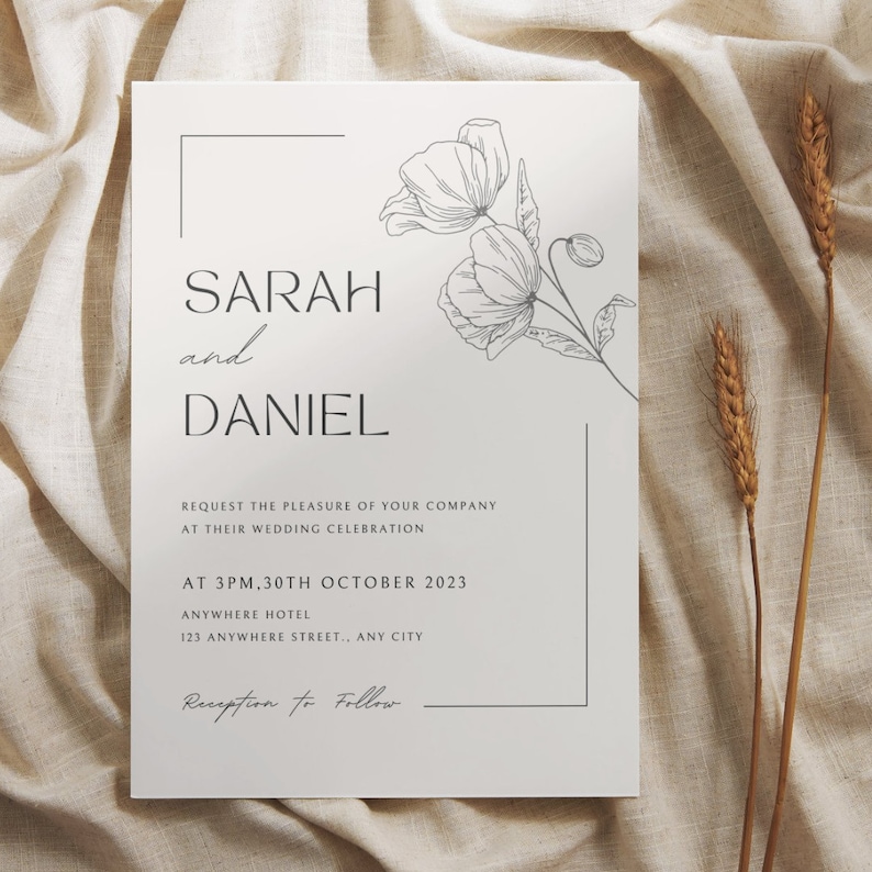 May include: A minimalist wedding invitation with a simple floral design. The invitation features the names "SARAH and DANIEL" in a modern font, followed by the wedding date and location. The text "Reception to Follow" is handwritten at the bottom.