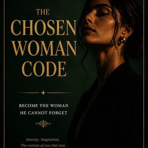 Peut inclure: Couverture de livre avec un fond vert foncé et du texte doré. Le titre est "The Chosen Woman Code". Une silhouette de femme est sur le côté droit. Le texte "Become the woman he cannot forget" est également inclus.