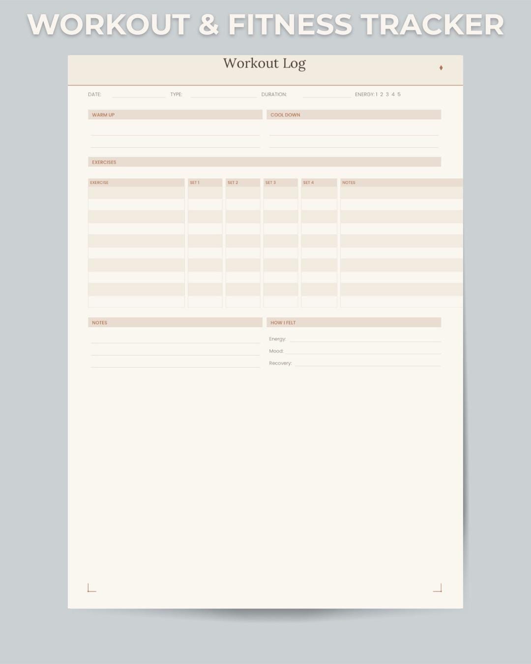 Fitness Log Printable PDF, Workout Journal Tracker, Daily Exercise Log ...