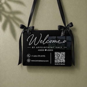 Acrylic Hanging Sign with Satin Ribbon,Custom Business Welcome Sign, QR Code Menu Display, Shop Door, Window, Market Booth Decor