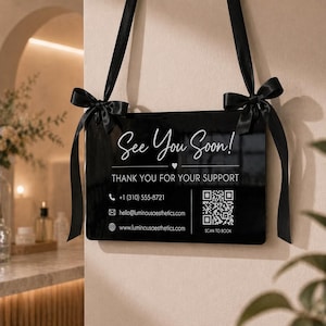 Acrylic Hanging Sign with Satin Ribbon,Custom Welcome Sign for Business, Shop, Office Door & Window,QR Code Display, Market Booth Decor