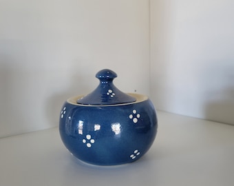 Vintage Danish Stoneware Dish with Lid Blue White Dots