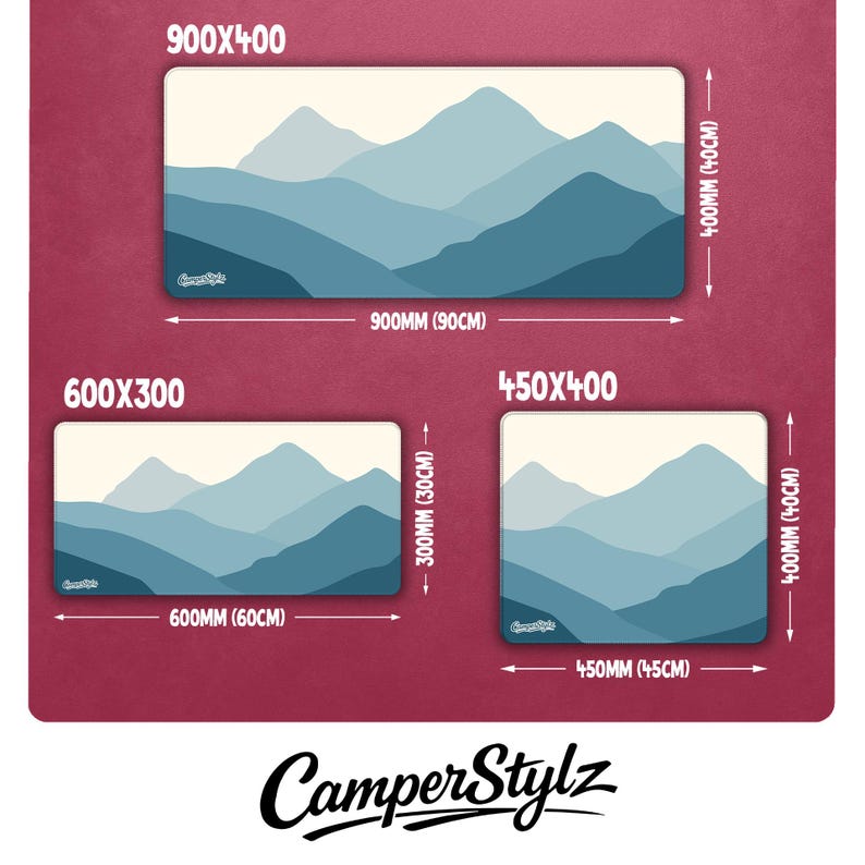 May include: Three rectangular mats featuring a mountain landscape design in blue and cream hues. Dimensions are displayed as 90cm x 40cm, 60cm x 30cm, and 45cm x 40cm. The CamperStylz logo is visible at the bottom of the image.