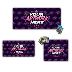 May include: Three purple gaming mats with the text "YOUR ARTWORK HERE" in a stylized design. The mats are rectangular and feature a repeating pattern. Two packs of trading cards and a few individual cards are also visible.