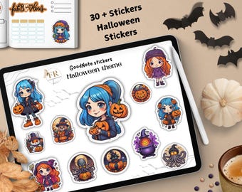 Entzückende Vintage Halloween Aufkleber mit Kürbissen, Geistern, Hexen und gruseligen Designs für Ihre festlichen Feiern, Ihren digitalen Planer