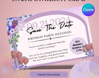 Blumen-Geburtstags-Party Einladungskarte, bearbeitbar auf Canva (digitaler Download)
