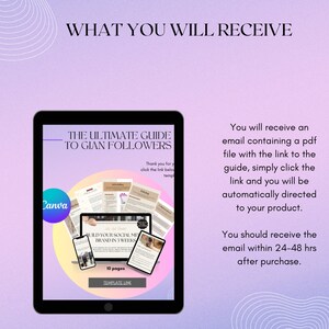 K&ouml;nnte beinhalten: Ein digitales Tablet zeigt einen Leitfaden mit dem Titel "THE ULTIMATE GUIDE TO GIAN FOLLOWERS" mit dem Text "BUILD YOUR SOCIAL MEDIA BRAND IN 3 WEEKS." Das Bild enth&auml;lt ein Canva-Logo und die Worte "TEMPLATE LINK."