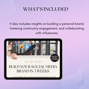K&ouml;nnte beinhalten: Ein digitales Tablet zeigt ein E-Book mit dem Titel "Build Your Social Media Brand in 3 Weeks". Das E-Book-Cover enth&auml;lt Text und Grafiken mit dem Satz "Gain up to 25.000 Followers". Der Hintergrund ist ein weiches Lila mit wei&szlig;en Linien.