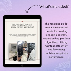 K&ouml;nnte beinhalten: Ein Tablet mit einem digitalen Leitfaden mit dem Titel &bdquo;Wie Sie Ihr Social Media Branding erstellen?&ldquo; Der Leitfaden behandelt die Erstellung ansprechender Inhalte, das Verst&auml;ndnis von Algorithmen, die Verwendung von Hashtags und die Nutzung von Analysen.