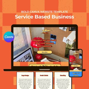 May include: A laptop computer screen displaying a website design template for a service-based business. The website features a red lamp, a corkboard with notes, and the text "Designs for the bold and courageous entrepreneur." The website is designed in a retro style with a bold font and bright colors.