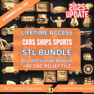 Paquete de más de 40 diseños de coches, barcos y deportes: conjunto de archivos STL para decoración de pared para router CNC (descarga digital instantánea)