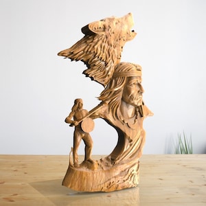 Uomo e lupo nativi americani - File STL per intaglio del legno CNC, file per router CNC