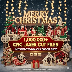 May include: A Christmas-themed image with wooden laser-cut decorations, including trees and a sleigh. The words "MERRY CHRISTMAS" are lit up above a banner that reads "1,000,000+ CNC LASER CUT FILES". A gift box with a red bow is in the foreground.