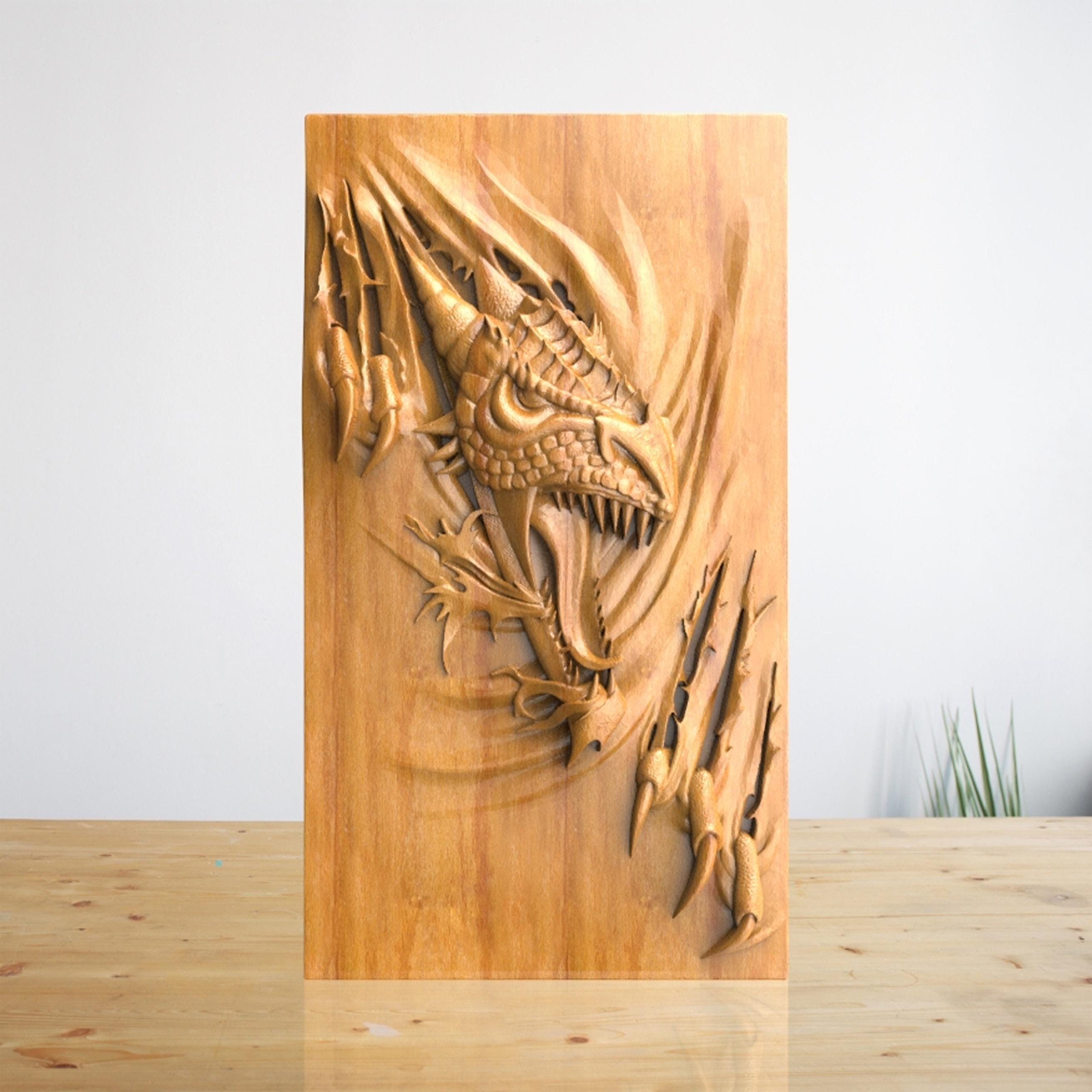 Décoration Murale Tête De Dragon En Bois Sculpté à La Main - 29x24x3.8 Cm - Personnalisable - Style Fantastique