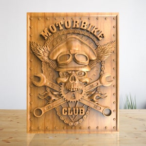 Chopper Motorcycle Moto Club Skull Arma - STL File For CNC Wood Carving, Cnc Router Files