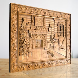 May include: A wooden carved wall art piece depicting a cosy cabin interior with a fireplace, a Christmas tree, and a dog. The artwork is framed with an ornate wooden frame.