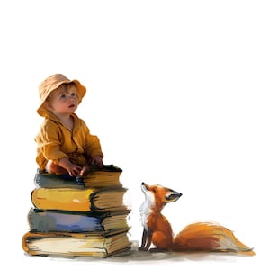 Puede incluir: Un niño pequeño con un mono amarillo y un sombrero marrón se sienta en una pila de libros coloridos. Un zorro rojo con el pecho blanco mira al niño.
