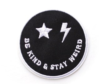 Be Kind & Stay Weird smiley face Patch, iron on, black and white, Woven circle, iron on smiley face patch, for women or men, for kids