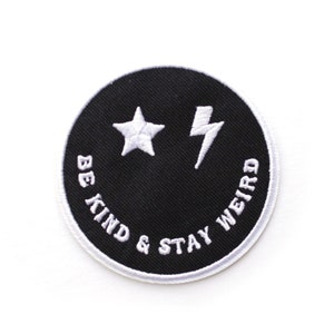 Be Kind & Stay Weird smiley face Patch, iron on, black and white, Woven circle, iron on smiley face patch, for women or men, for kids