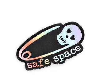 Colorful Safe Space Patch, black and pastel rainbow iron on patch, Iron on Skull Safety Pin patch for bags or jackets, etc