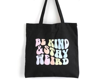 Be Kind & Stay Weird Black Canvas Tote Bag, Retro wavy lettering Purse, Muted Pastel Rainbow bag, gifts for women