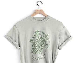 Green on Green Keep Growing Skull and flowers, Comfort Colors Light Green, Skeleton Mandible keep going floral