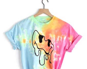 Drippy Smiley Face shirt, Rainbow Tie Dye UNISEX shirt, Melting, dripping Smile Face, Melty Face top